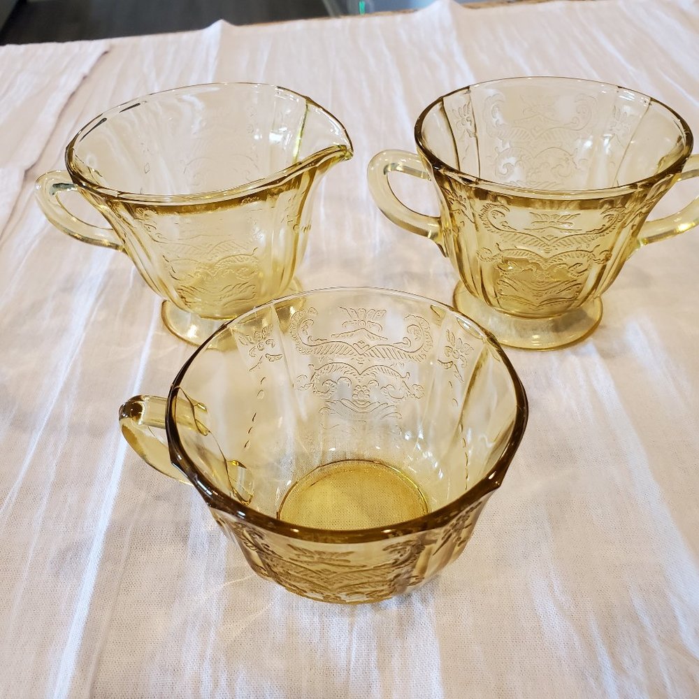 Federal Glass Madrid Amber Footed Sugar & Creamer & Cup